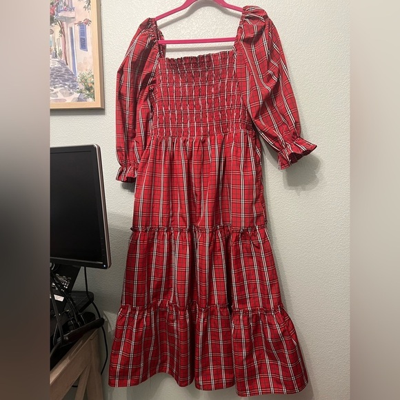 j marie Dresses & Skirts - Festive Plaid Smocked Midi Dress with Puff Sleeves in Red